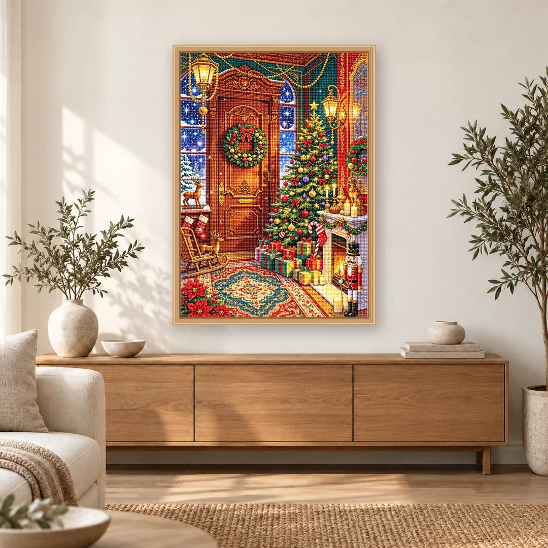 Festive Christmas Doorway diamond painting displayed in a bright home interior