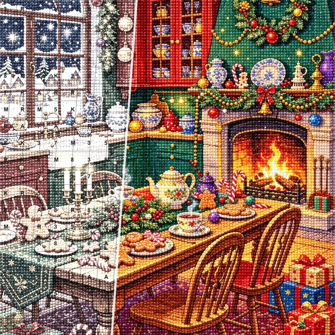 Close detail of the Cozy Christmas Fireplace Feast diamond painting canvas and drills