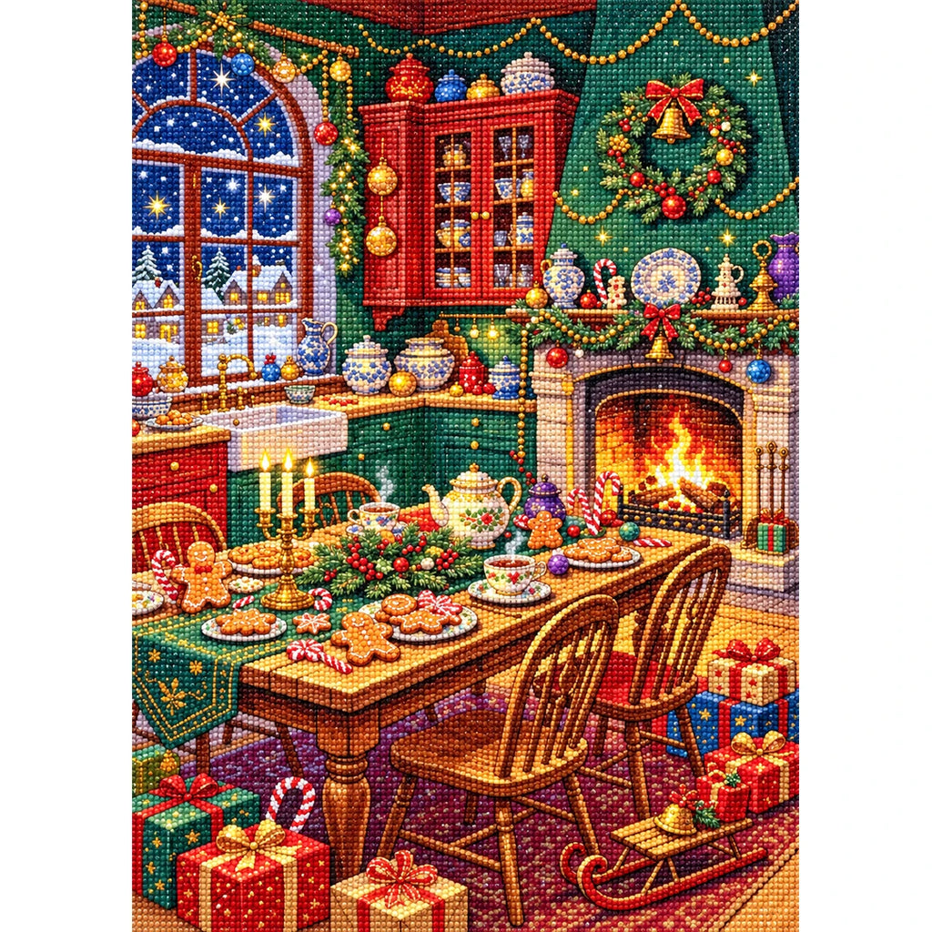 Cozy Christmas Fireplace Feast finished diamond painting on white background