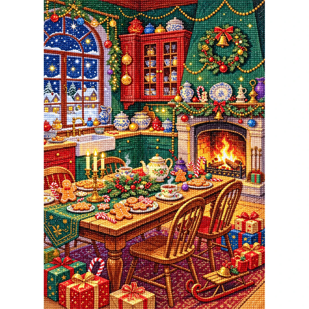 Cozy Christmas Fireplace Feast finished diamond painting on white background