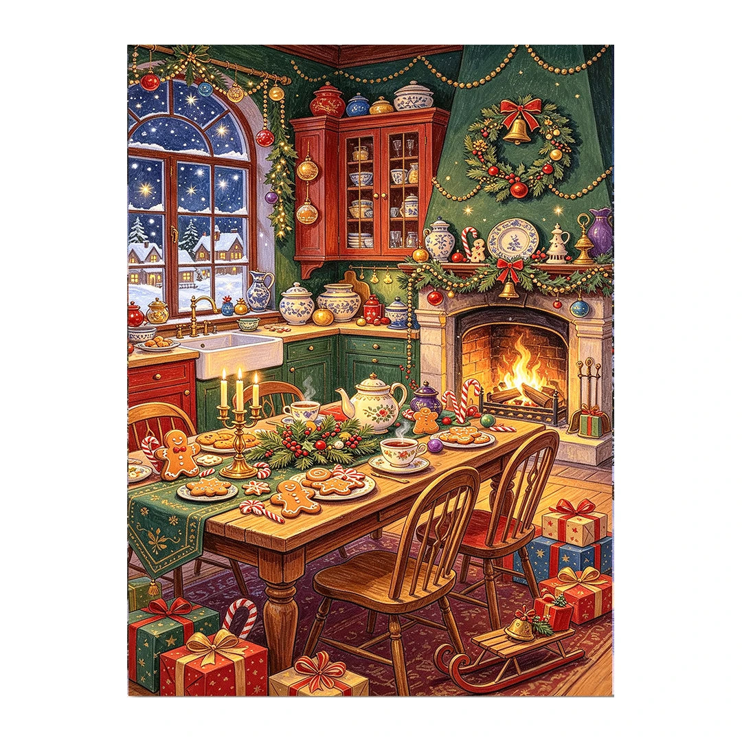 Cozy Christmas Fireplace Feast original artwork on white background