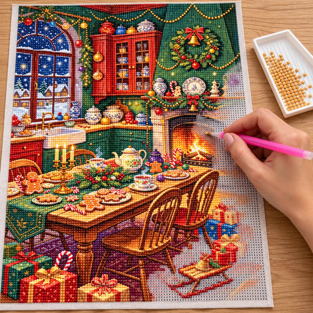 Placing resin drills on the Cozy Christmas Fireplace Feast diamond painting