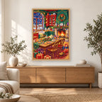 Cozy Christmas Fireplace Feast diamond painting displayed in a bright home interior