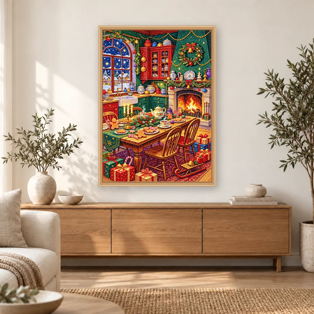 Cozy Christmas Fireplace Feast diamond painting displayed in a bright home interior