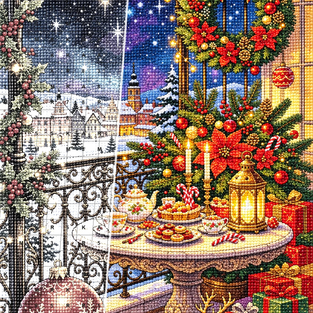 Close detail of the Christmas Balcony Village diamond painting canvas and drills