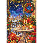 Christmas Balcony Village finished diamond painting on white background