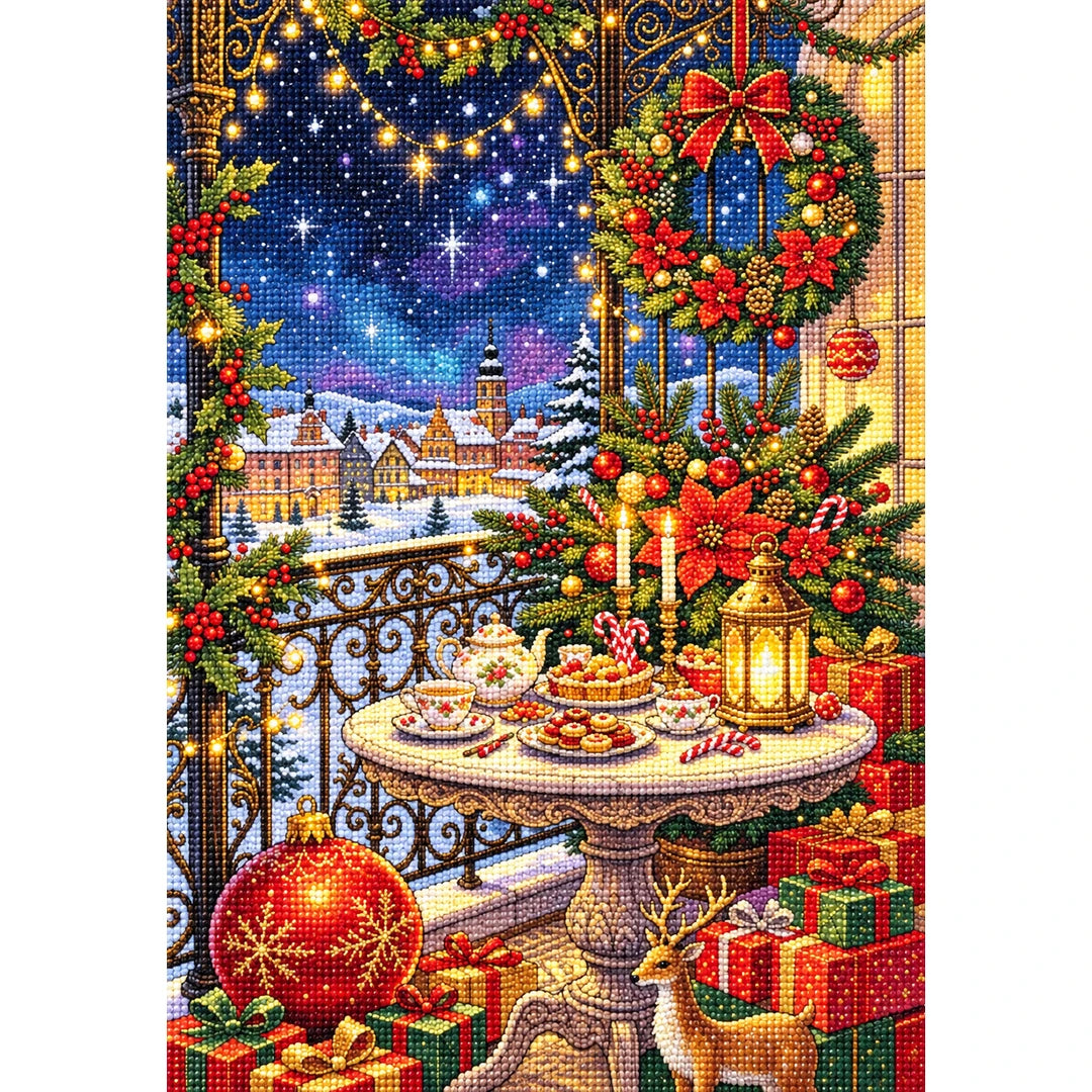 Christmas Balcony Village finished diamond painting on white background