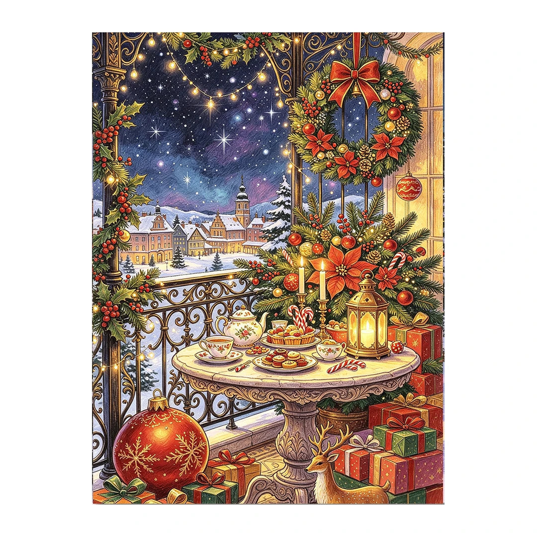 Christmas Balcony Village original artwork on white background
