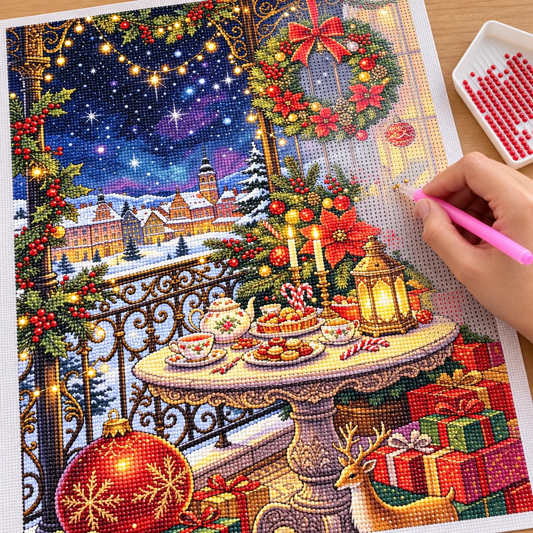 Placing resin drills on the Christmas Balcony Village diamond painting