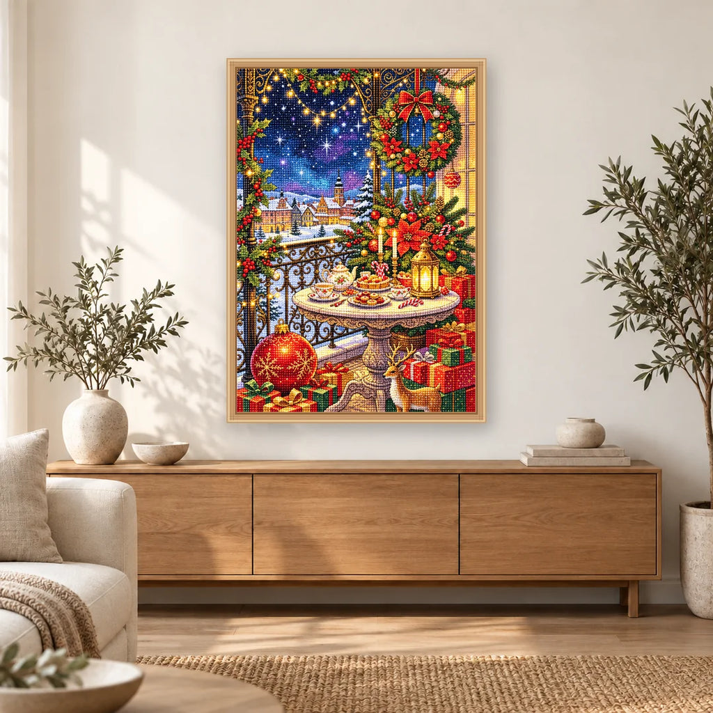 Christmas Balcony Village diamond painting displayed in a bright home interior