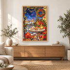 Christmas Balcony Village diamond painting displayed in a bright home interior