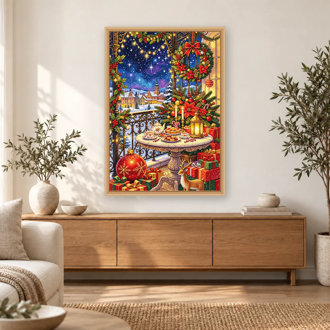 Christmas Balcony Village diamond painting displayed in a bright home interior