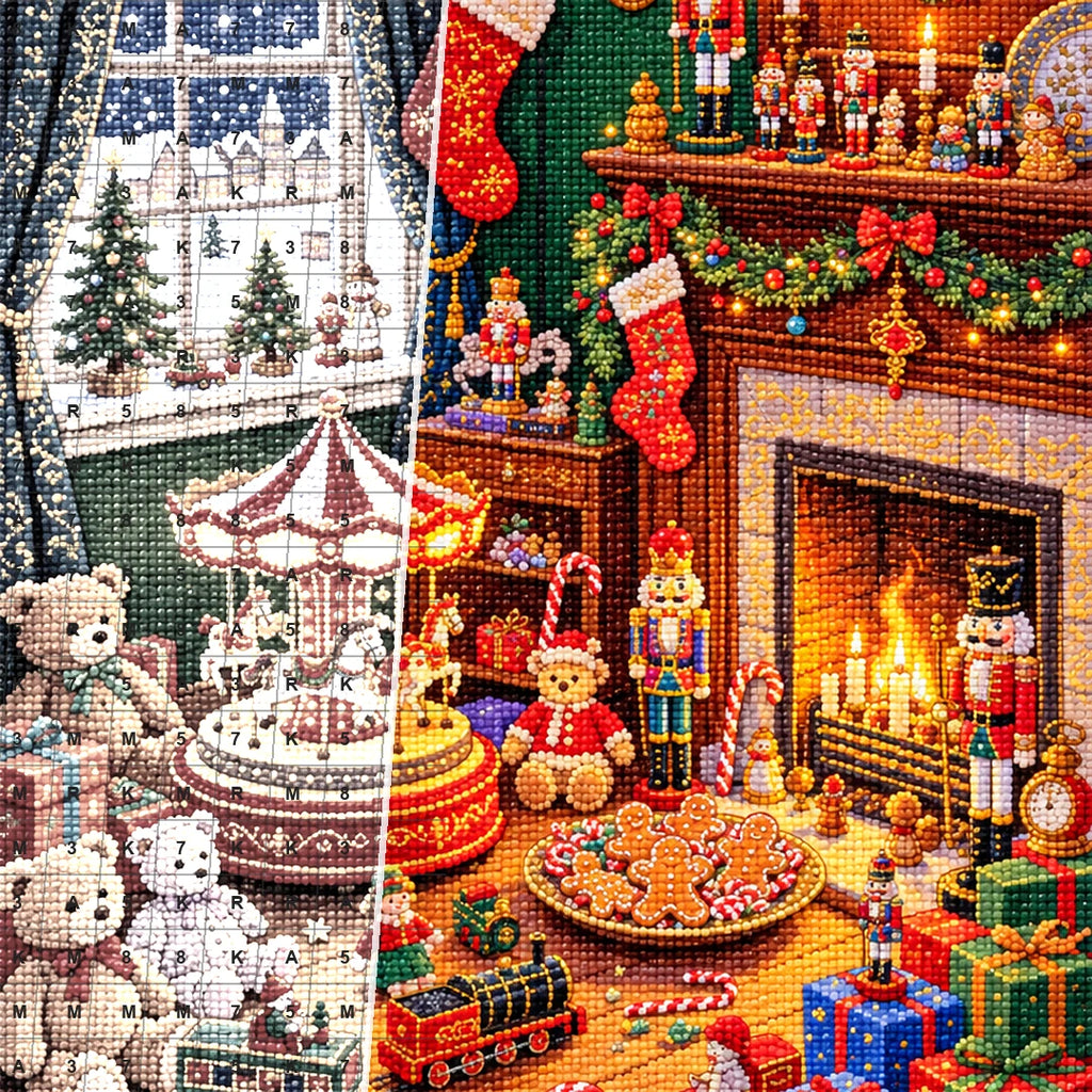 Close detail of the Nutcracker Christmas Fireplace diamond painting canvas and drills
