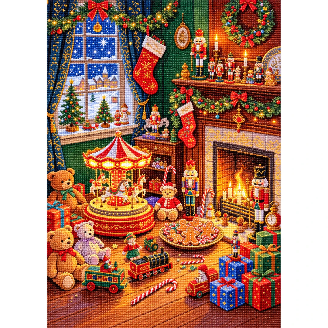 Nutcracker Christmas Fireplace finished diamond painting on white background