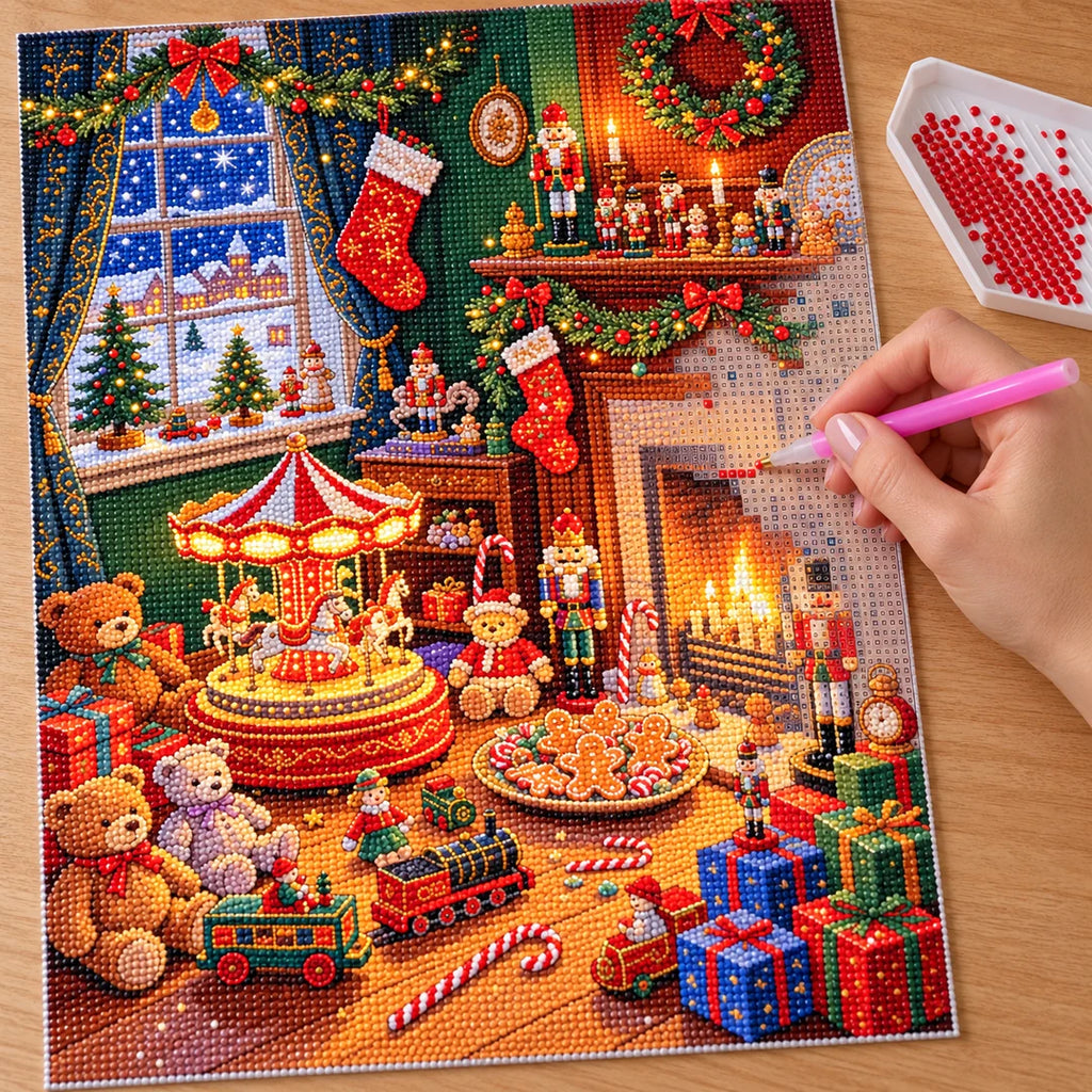 Placing resin drills on the Nutcracker Christmas Fireplace diamond painting