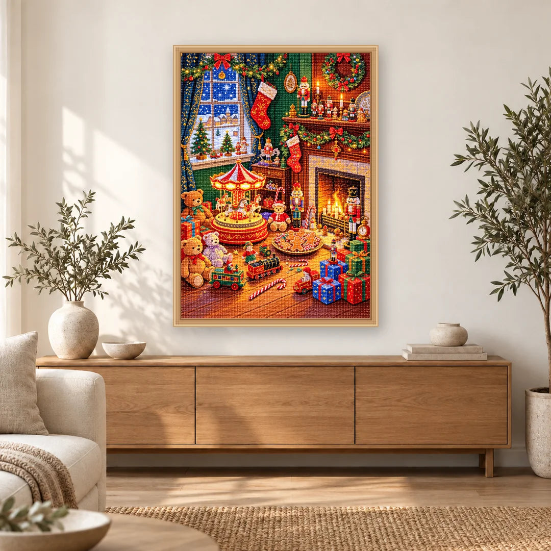Nutcracker Christmas Fireplace diamond painting displayed in a bright home interior