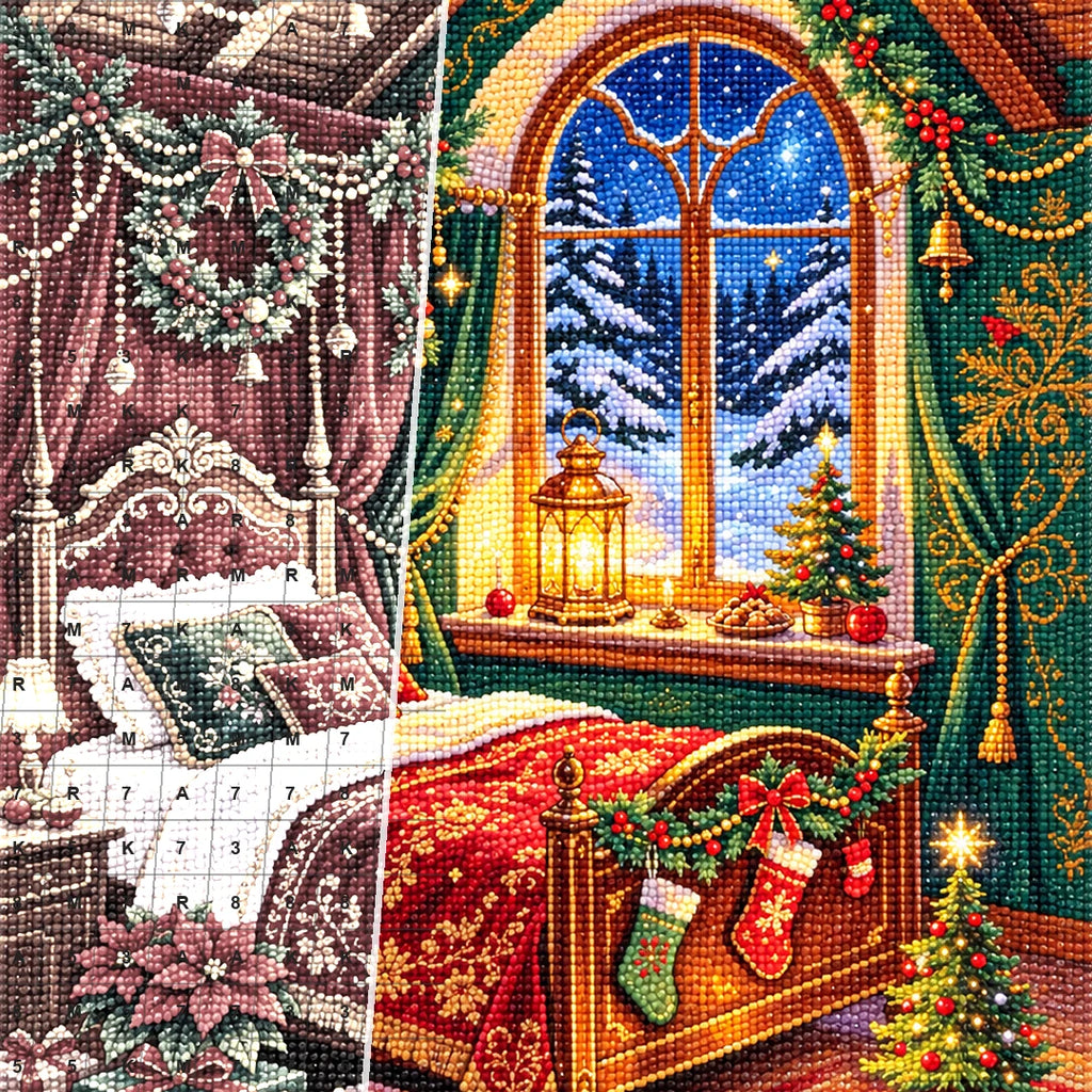 Close detail of the Cozy Christmas Bedroom diamond painting canvas and drills