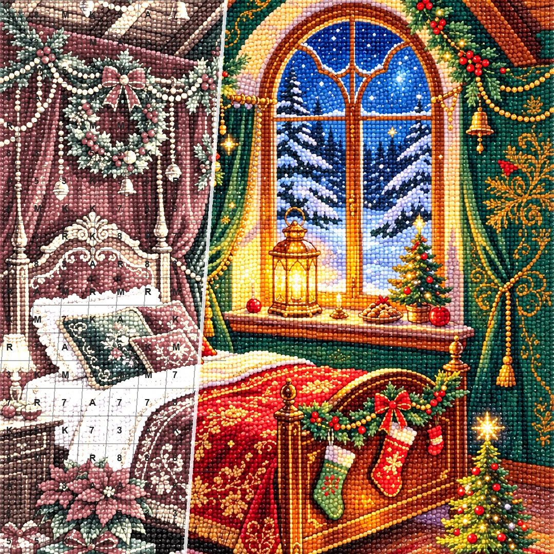 Close detail of the Cozy Christmas Bedroom diamond painting canvas and drills