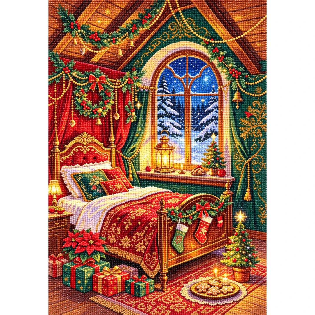 Cozy Christmas Bedroom finished diamond painting on white background