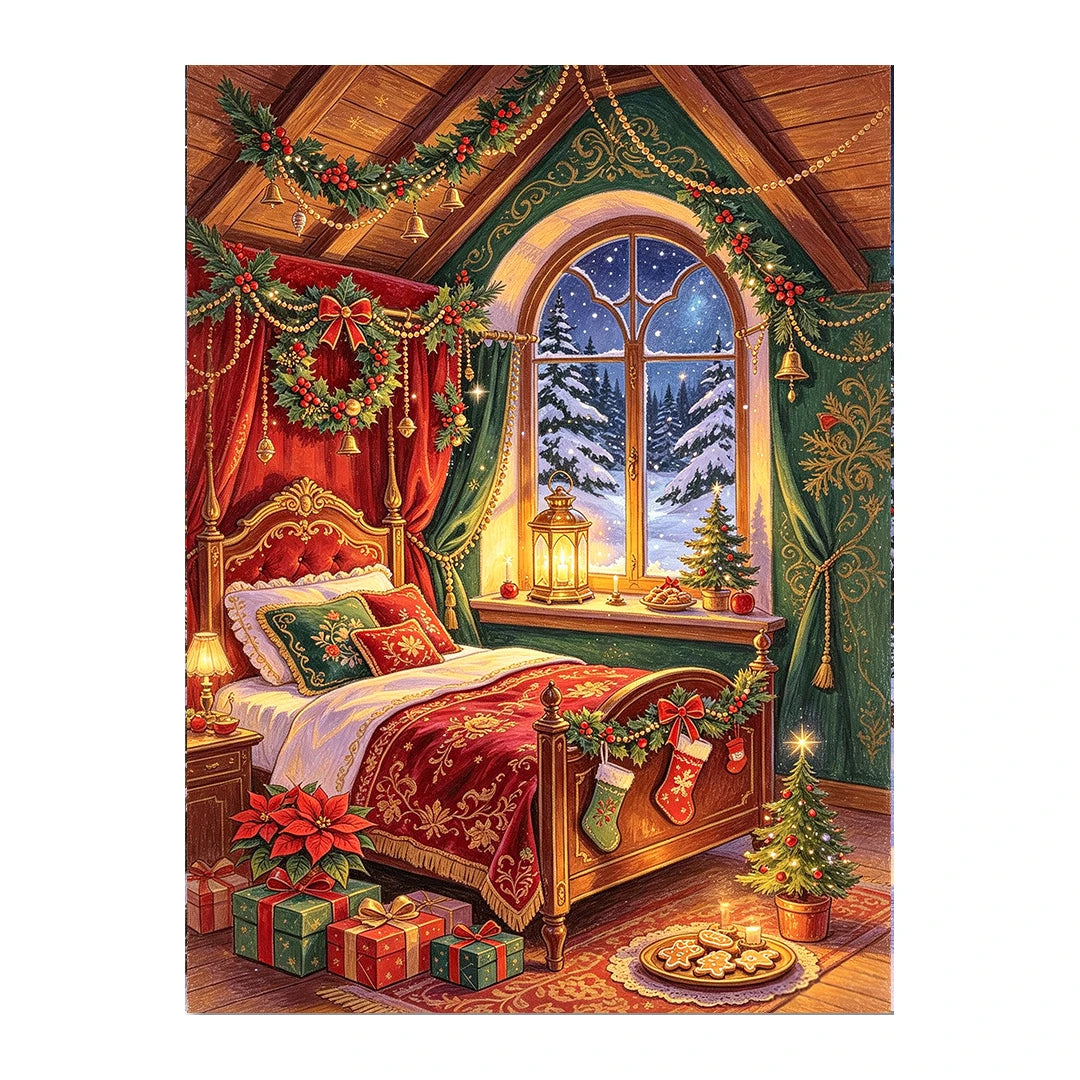 Cozy Christmas Bedroom original artwork on white background