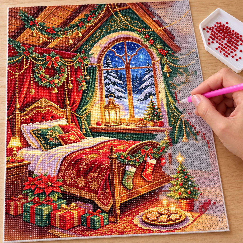 Placing resin drills on the Cozy Christmas Bedroom diamond painting