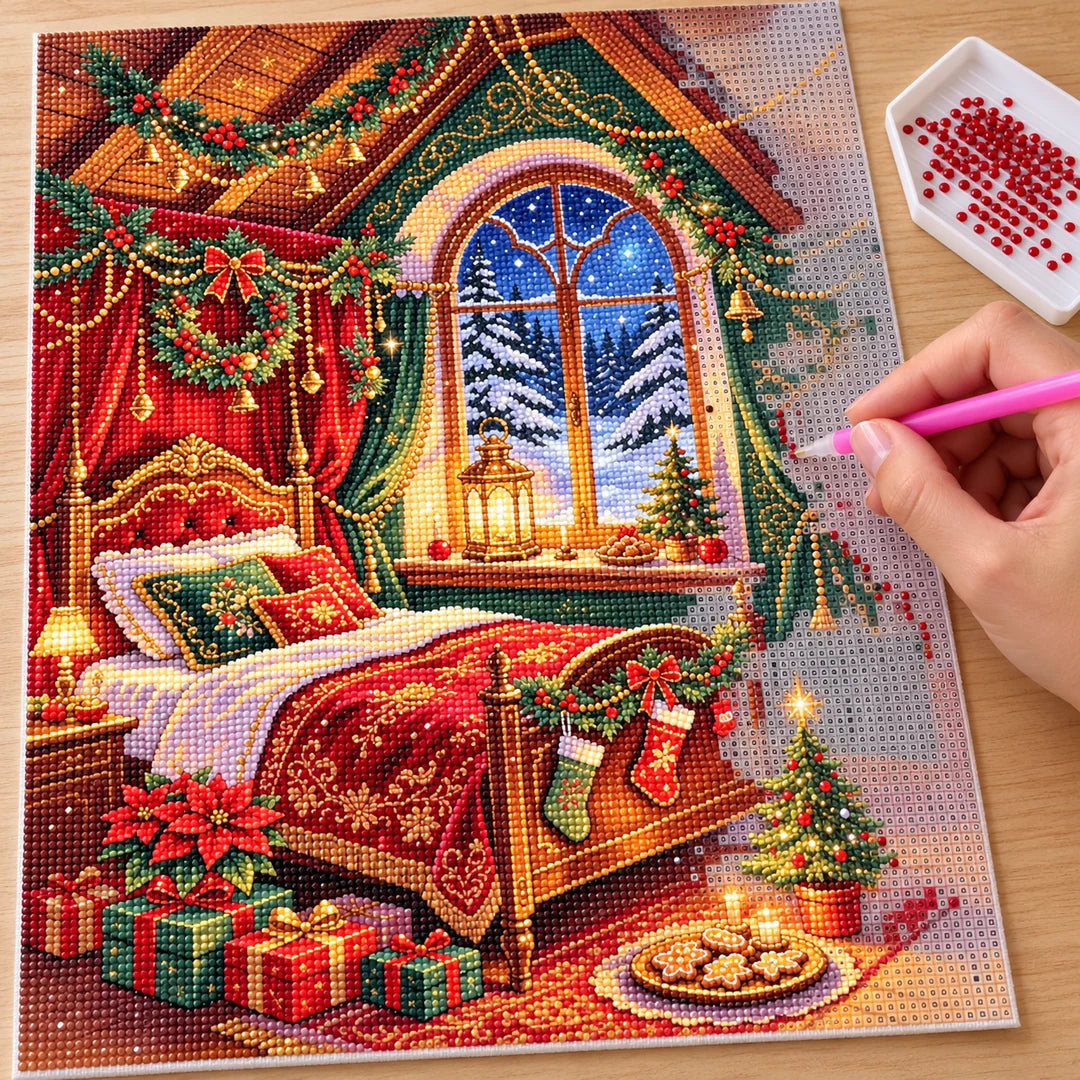 Placing resin drills on the Cozy Christmas Bedroom diamond painting