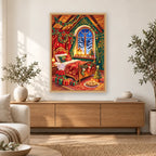 Cozy Christmas Bedroom diamond painting displayed in a bright home interior