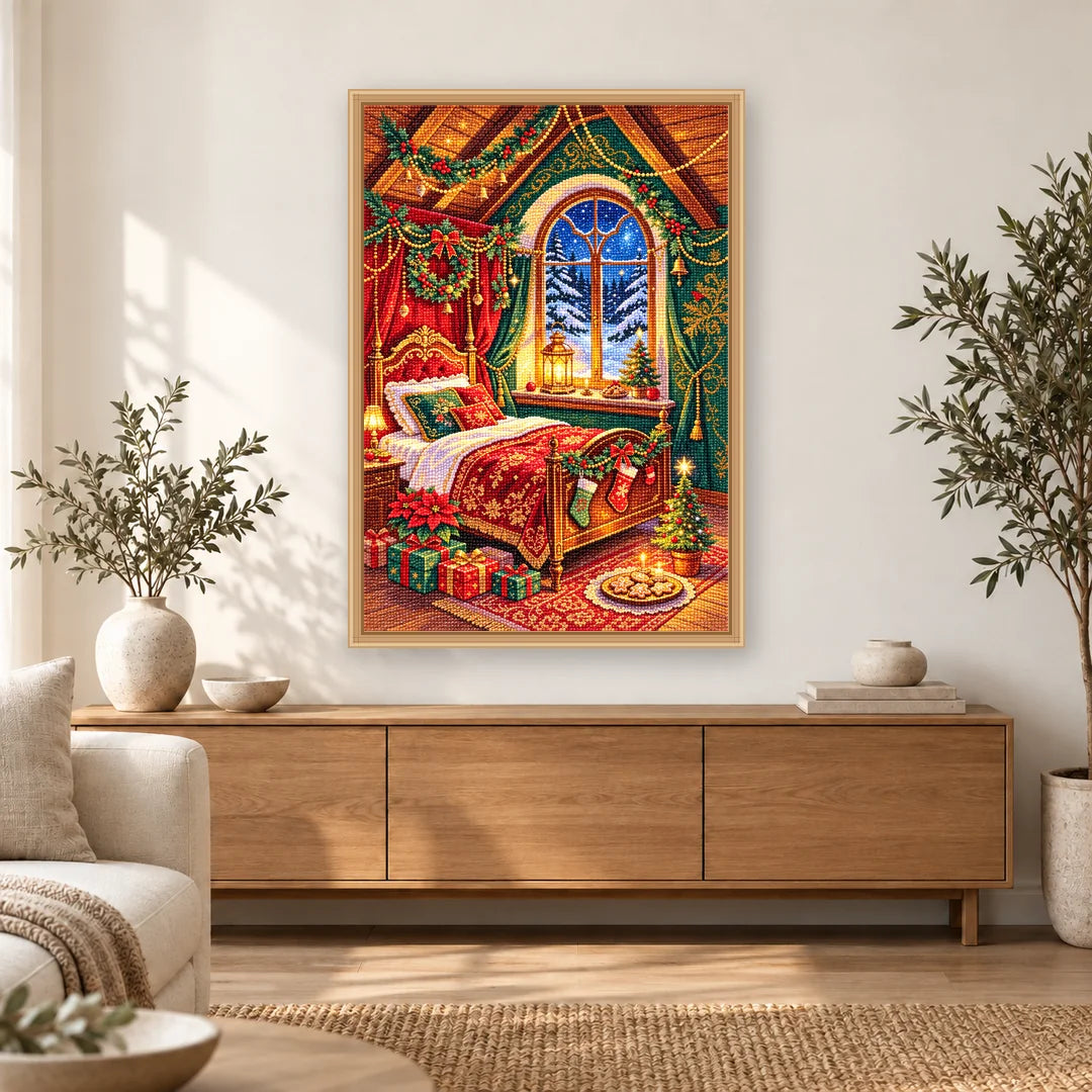 Cozy Christmas Bedroom diamond painting displayed in a bright home interior
