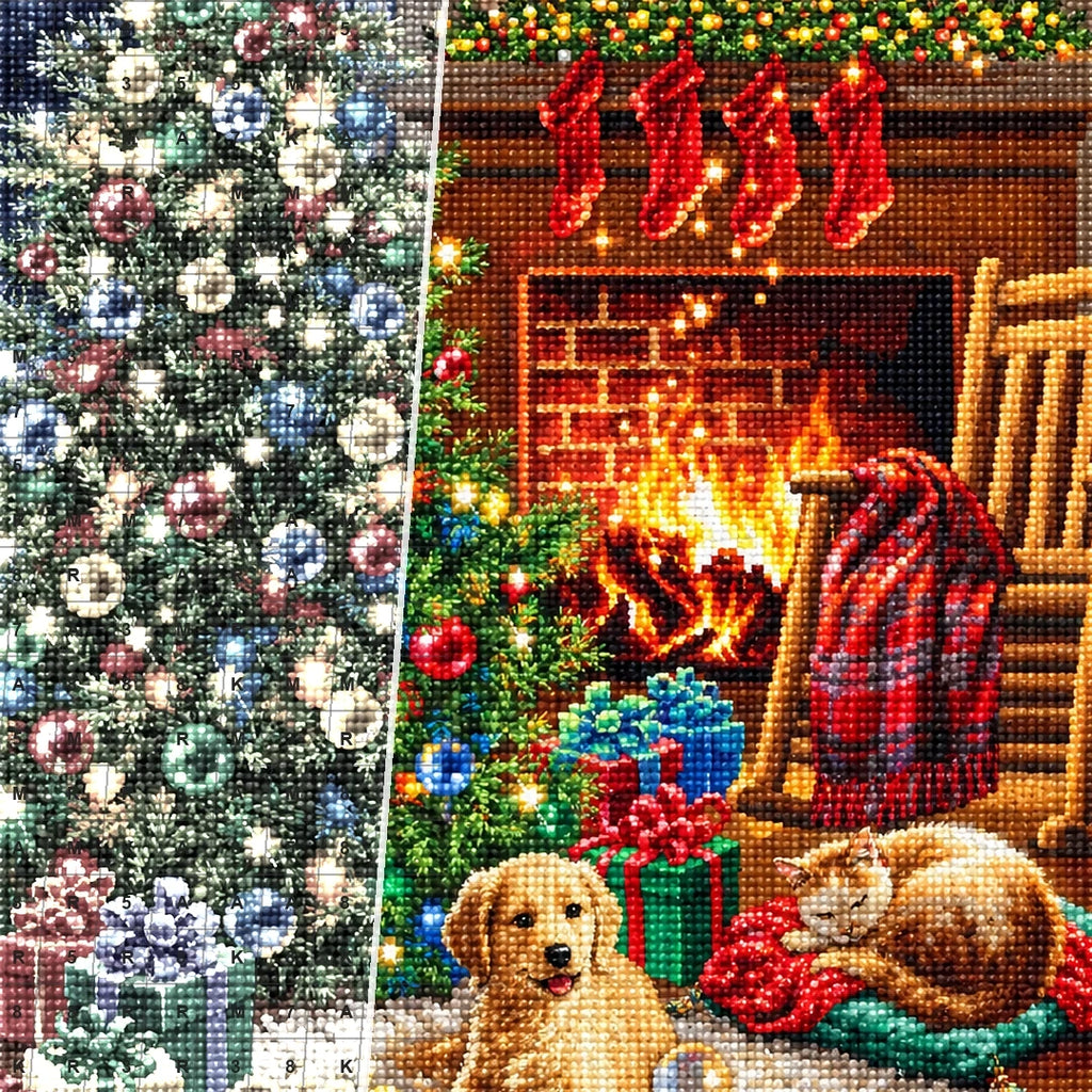 Christmas Tree Puppy and Kitten diamond drill detail
