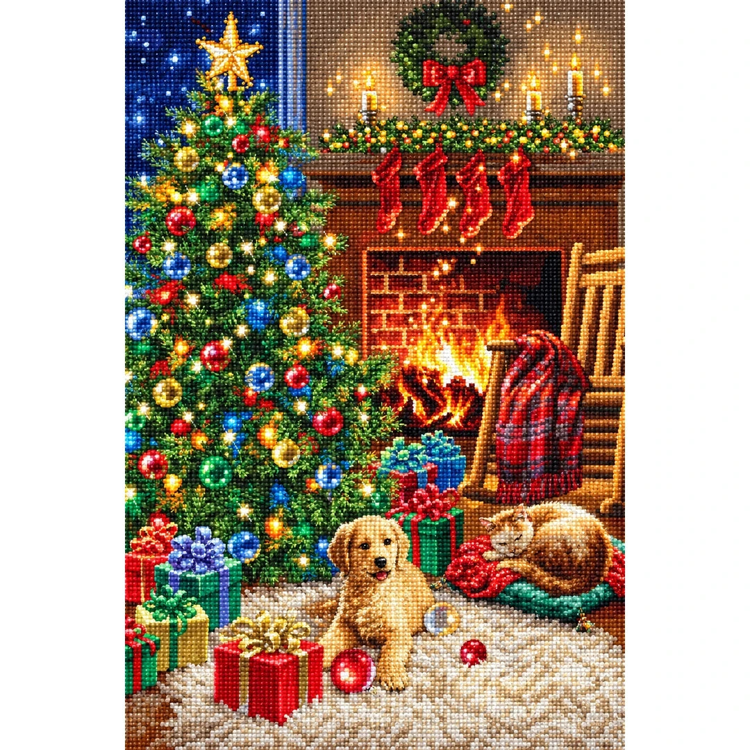 Christmas Tree Puppy and Kitten finished diamond painting