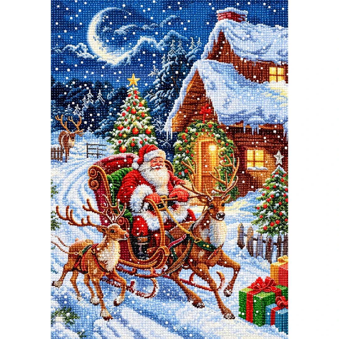 Santa Sleigh at Snowy Cabin finished diamond painting
