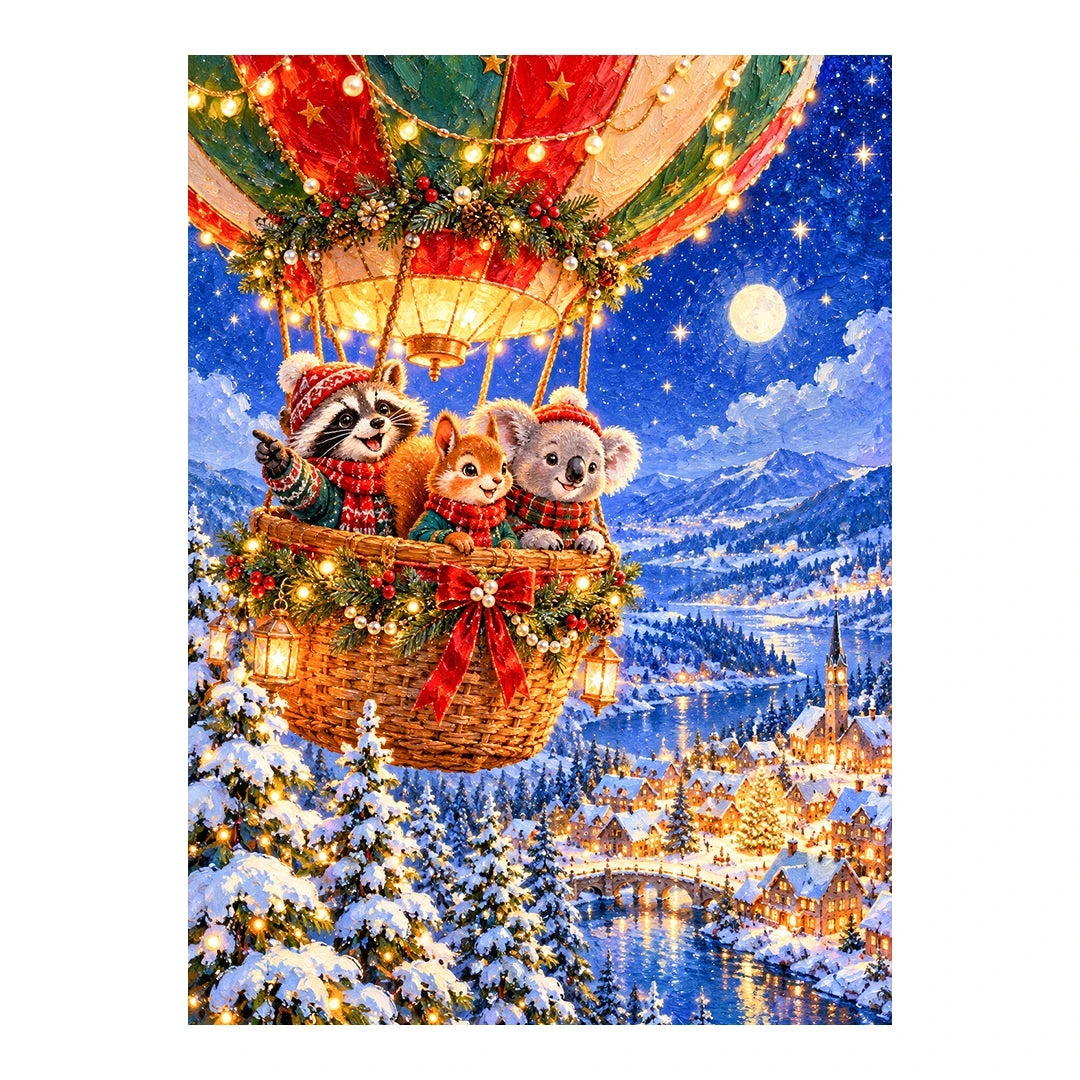 Christmas Animal Hot Air Balloon original artwork