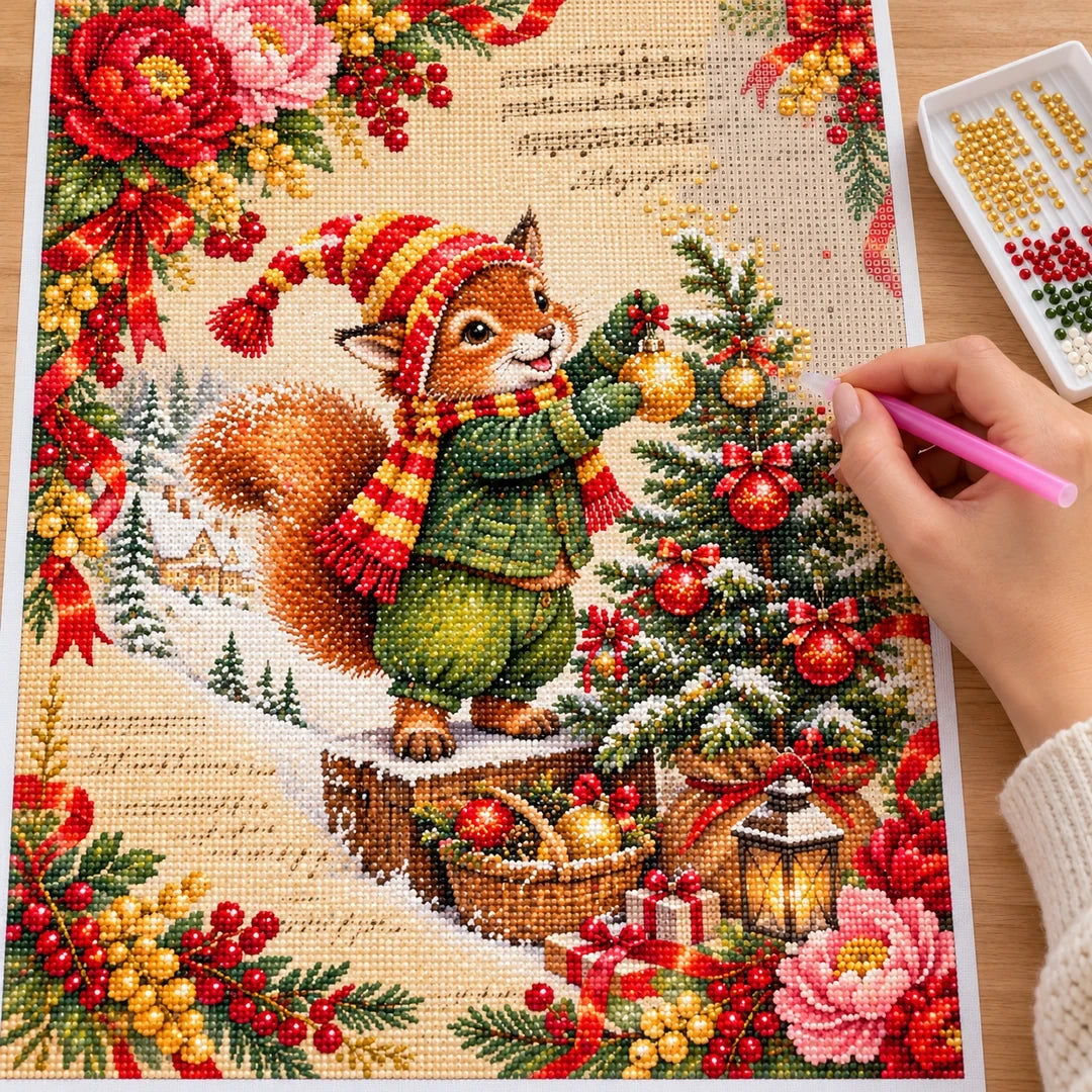 Vintage Christmas Squirrel Decorating Tree diamond painting process