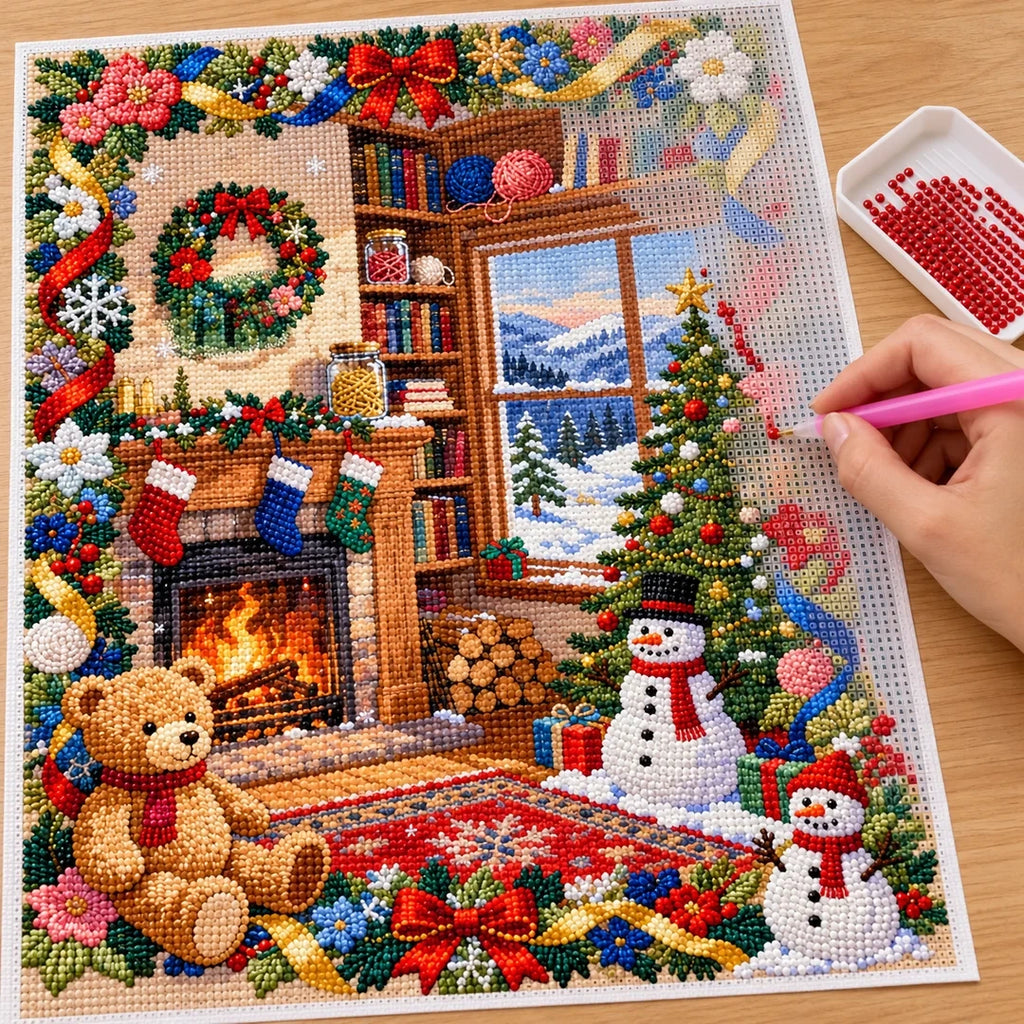 Christmas Fireside Teddy Bear Room diamond painting process