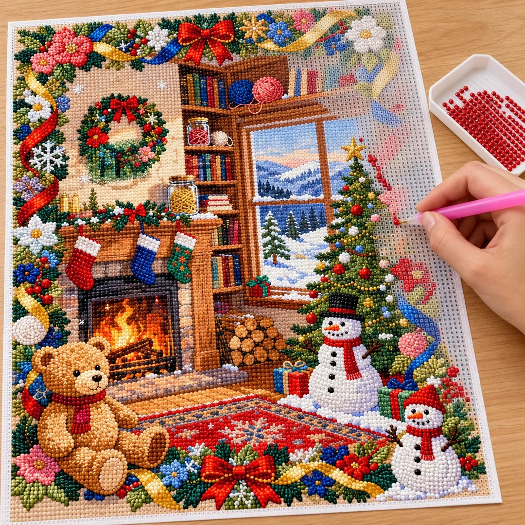 Christmas Fireside Teddy Bear Room diamond painting process