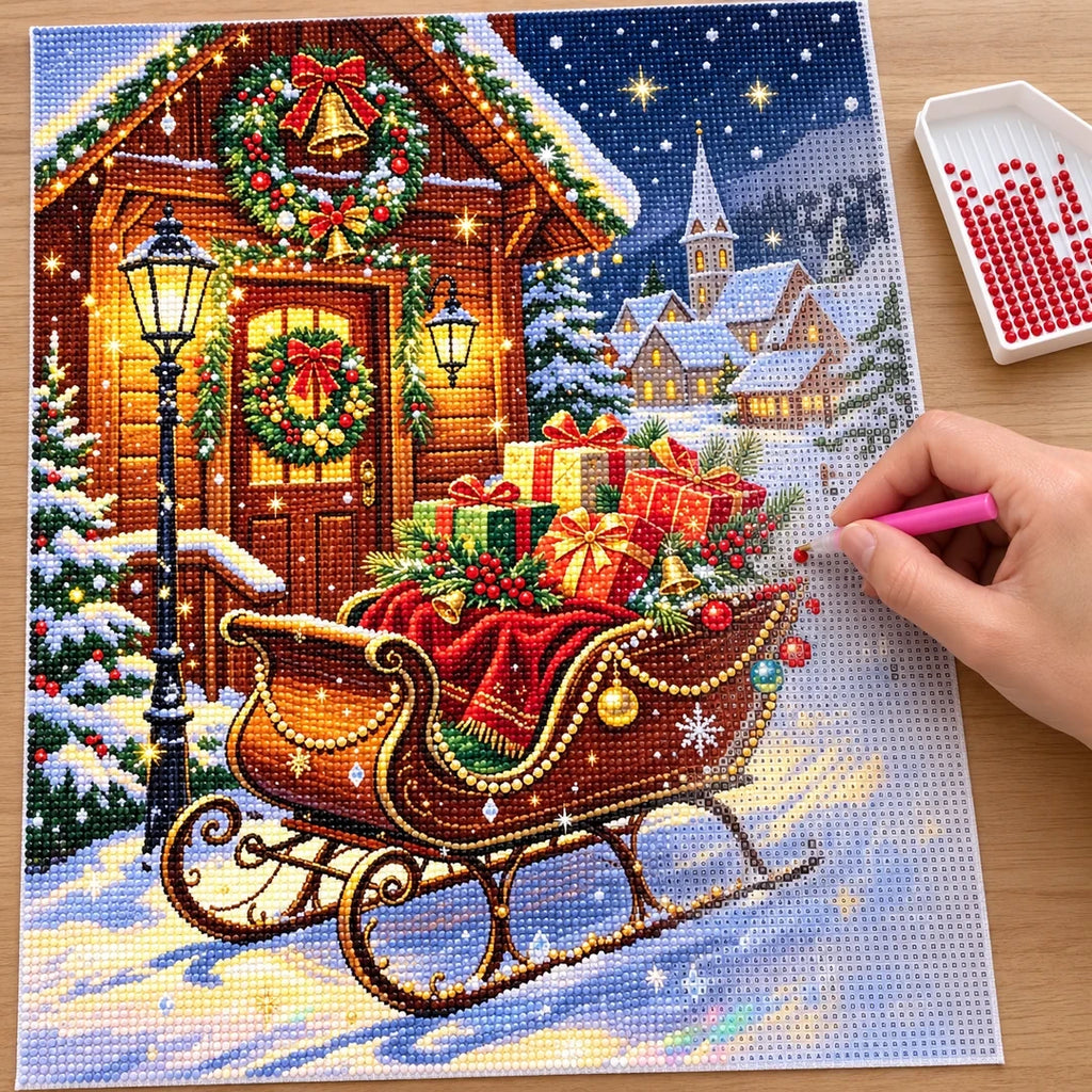 Christmas Gift Sleigh by Cabin diamond painting process