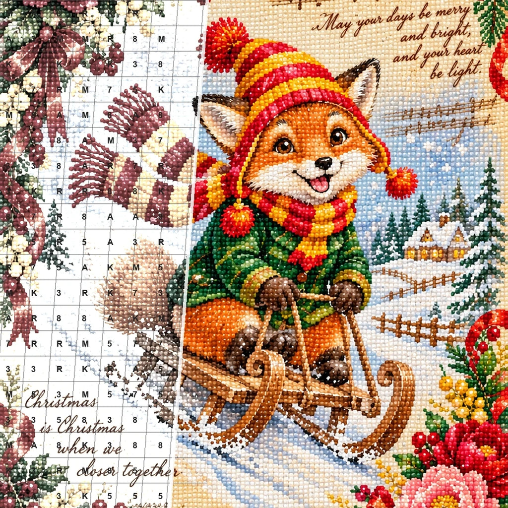Vintage Christmas Fox Sleigh Ride diamond drill detail