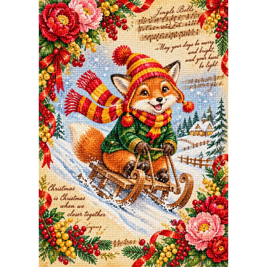 Vintage Christmas Fox Sleigh Ride finished diamond painting