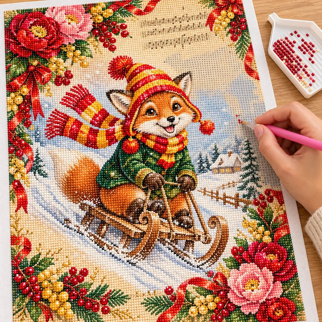 Vintage Christmas Fox Sleigh Ride diamond painting process