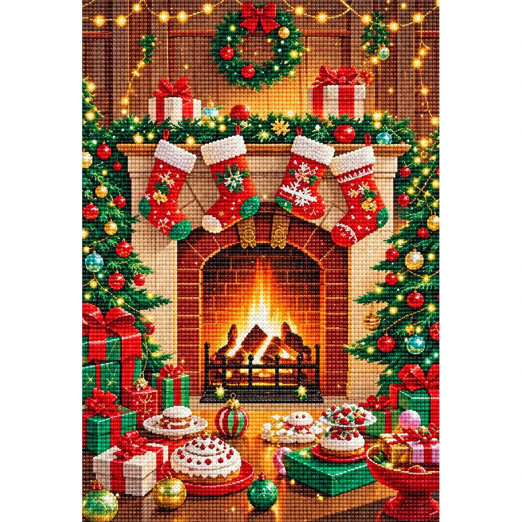 Christmas Fireplace Stockings and Desserts finished diamond painting