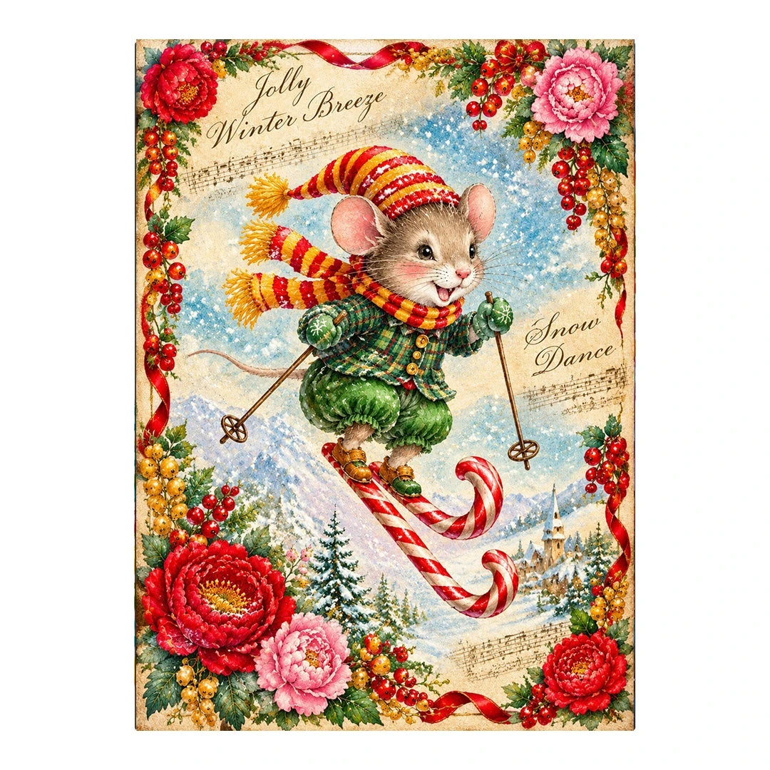 Vintage Christmas Mouse Skiing original artwork