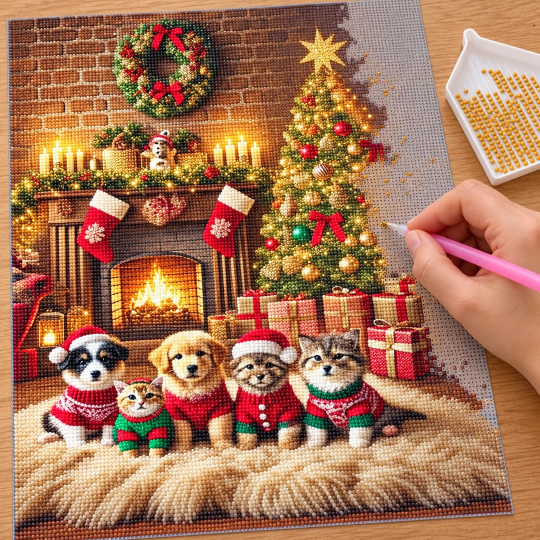 Christmas Pets by Fireplace diamond painting process