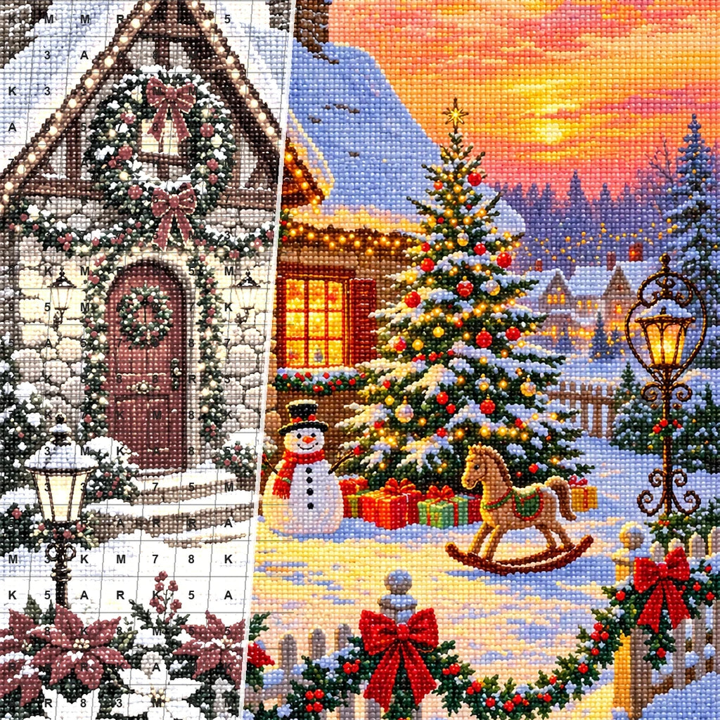 Snowy Christmas Cottage at Sunset diamond drill detail