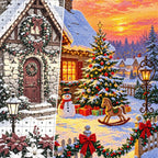 Snowy Christmas Cottage at Sunset diamond drill detail