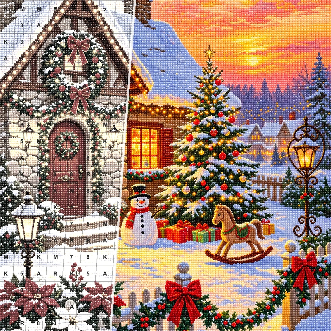 Snowy Christmas Cottage at Sunset diamond drill detail