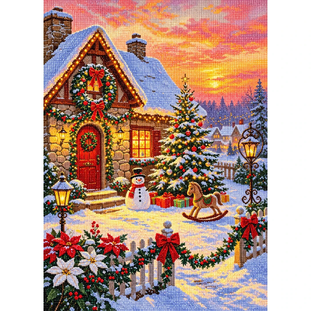 Snowy Christmas Cottage at Sunset finished diamond painting