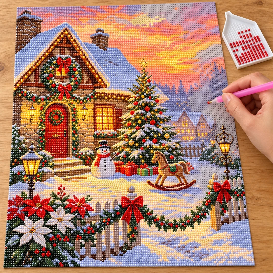 Snowy Christmas Cottage at Sunset diamond painting process