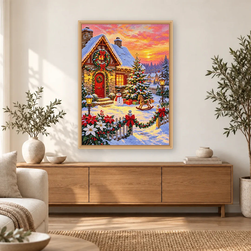 Snowy Christmas Cottage at Sunset home decor scene