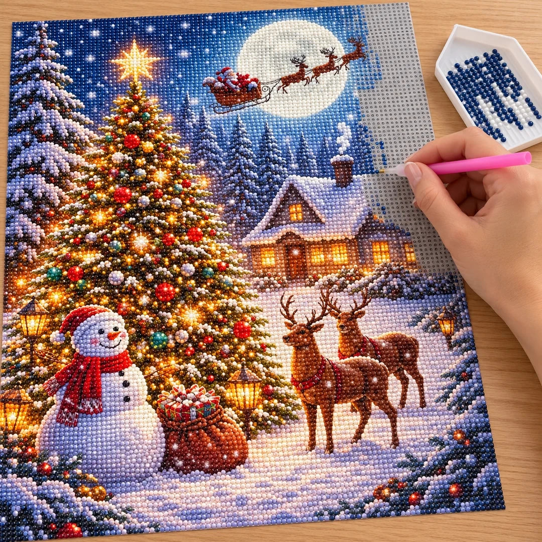Moonlit Christmas Tree with Reindeer diamond painting process