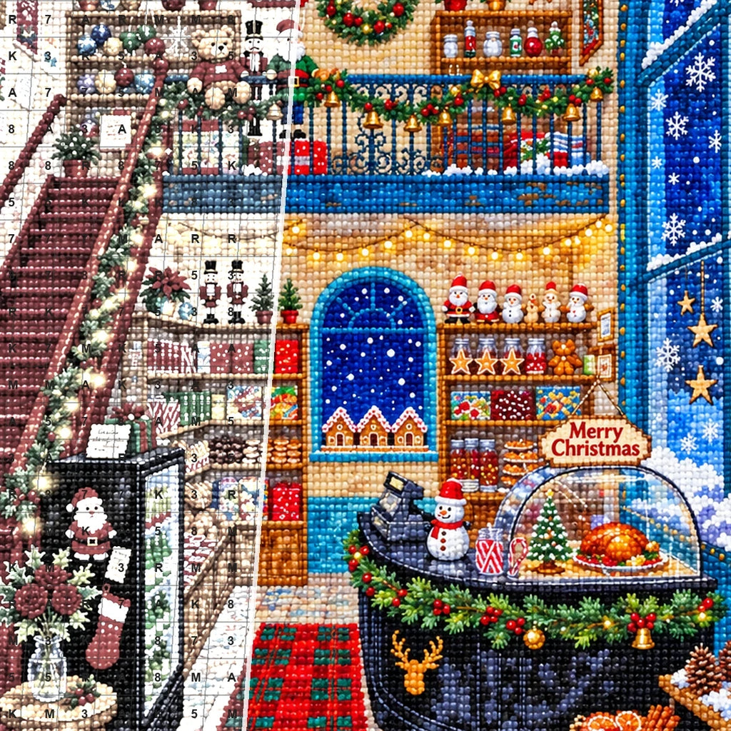 Whimsical Christmas Toy Shop Interior diamond drill detail